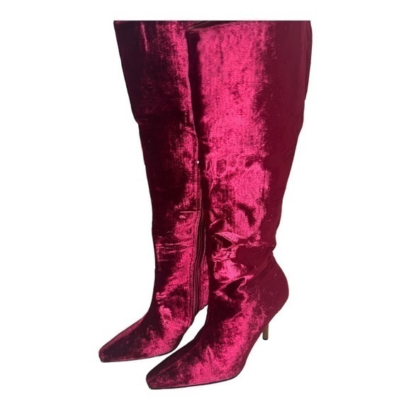 Colin Stuart Shoes - Colin Stuart Red Velvet Leather Mid Calf Pointed Toe Heel Boots Size 7M
